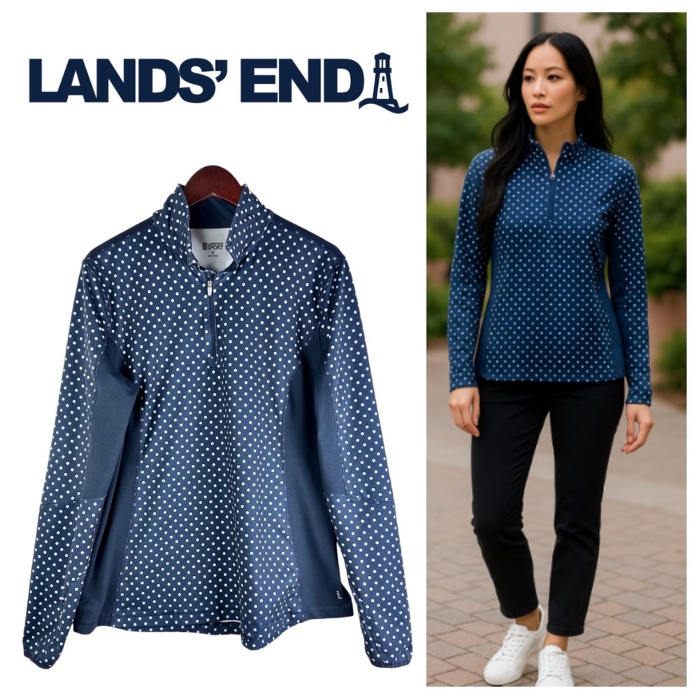 Lands End Sport Pullover 1/2 Zip XL 1X 18 Polka Dot Navy Blue Sweatshirt Jacket